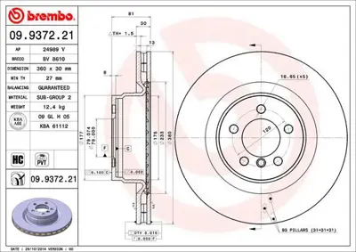 BREMBO 09.9372.21 Fren Dıskı On R.Rover Vogue Iıı 3.6 24013001971 DF6506S LR031843 9937221 43891 BG9009C WH20987 A4022V 54784 92178400