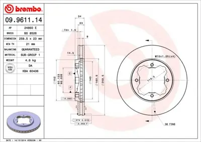 BREMBO 09.9611.14 Fren Dıskı On Standard Rover GBD90836 45251SN7E40 BDC4357 34155210008PD 186133 24012301031 J3304023 209941 4351287519 520332