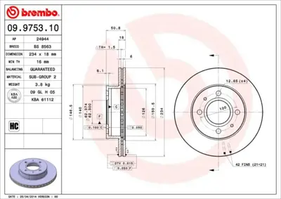 BREMBO 09.9753.10 Fren Dıskı On Standard Hyundaı 9975321 H2014V 5171202551 V5280008 17576OE BS7079 563055CH DF141 203461 418138