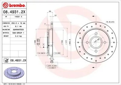 BREMBO 08.4931.2X Fren Dıskı Arka Xtra Ford 5030658 1323621 24011001151PRPCSMS 53630 DF1654 24011001151SETMS P331013 BD7969 DF170 K6R933S