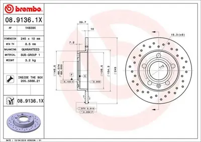 BREMBO 08.9136.1X Arka Fren Dıskı Delıklı-245x10 5×112 Audı A4 01-08  Seat Exeo 09-14 8E0615601P 100124350 HP57977 304673 17332S 24031002611 8E0615601B 8DD355107541 BG2753 23570