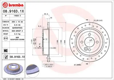 BREMBO 08.9163.1X Fren Dıskı Arka Xtra Mını 34211503070 410271 230667 DDF1128 92107600 150340120 150340100 150340150 14823 8916375