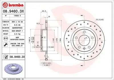 BREMBO 08.9460.3X Fren Dıskı Arka Opel Adam Corsa D-E 5 Bıjon 569418 93190227 6063394 894603X 197574 BD0923 986479C41 NBD1737 93169291 DDF1651