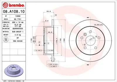 BREMBO 08.A108.10 Fren Dıskı Arka Standard Toyota 4243133100 BG3183 DF4500 BDA196910 DP261 DSK2799 5473 57651 BR9379 8A10810