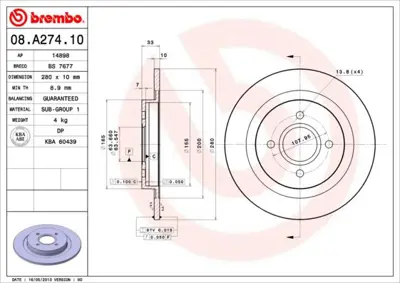 BREMBO 08.A274.10 Fren Dıskı Arka Standard Ford 17415S 4411312 197776 4324591 610304C DF1100 6042514 8DD355115041 61000304C DDF13671