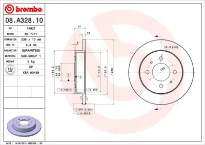 BREMBO 08.A328.10 Fren Dıskı Arka Standard Mıtsubıshı MR249357 VBE331 DI955972 MB857763 955972 J3315016 NBD0819 92128600 MDC0965 203031