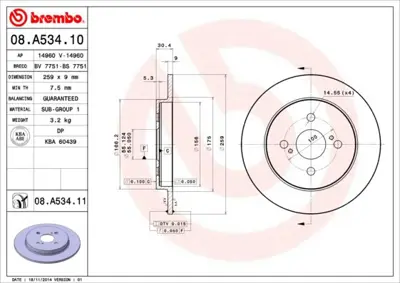 BREMBO 08.A534.11 Fren Dıskı Arka Uv Coated Toyota 4243152080 RT1681GL DDF1781 590280620 6048324 1421301 9939502 BS7143 3145109 81929982