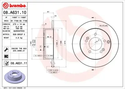 BREMBO 08.A631.11 Fren Dıskı Arka Uv Coated Kıa 584111D000 610KK13 DF1326 D203532 FBD1755 BDM748210 61K13 BR4235C MDC2108 BBD4671