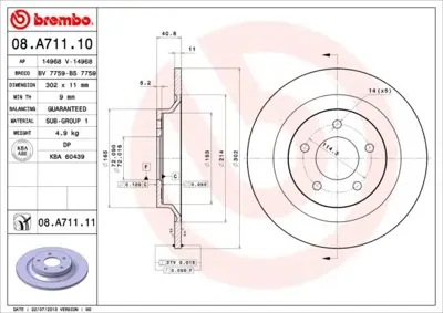 BREMBO 08.A711.11 Fren Dıskı Arka Uv Coated Mazda C23Y26251A C26Y26251A BDC5512 812050153 197704 6103323 8A71110 M60648 ADM54393 J3313033