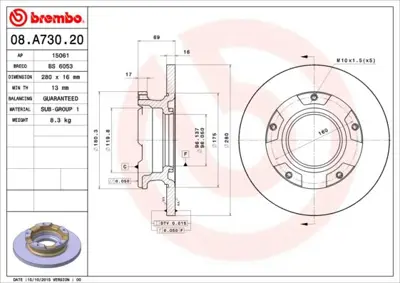 BREMBO 08.A730.20 Fren Dıskı Arka Standard Ford 1451161 8A73020 8660001262 24011601162SETMS 24011601162PCSMS 50940783 RT1779GLT6 D6110700 55416 BS7403S