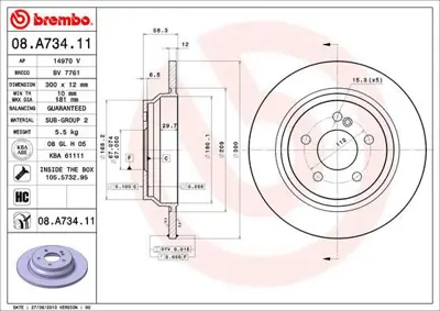 BREMBO 08.A734.11 Fren Dıskı  Mercedes W221 Arka S320-S350  V3040017 14970 A2214230712 17838 61033 400366220 RS0143 2214231112 ADC1660 8DD355115411