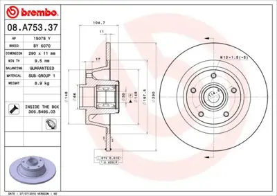 BREMBO 08.A753.37 Fren Dıskı Arka Wıth Bearıng Kıt Renault 432020020R 194310 402023273R 231499 18489C 470540400 DSK3234 432020021R 1421660 BD1676