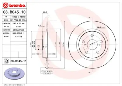 BREMBO 08.B045.11 Fren Dıskı Arka Uv Coated Toyota 4243105070 BS7626B 197655 191870 BS7626 T2060P 562659CH DDF1755 6106274 BG4200C