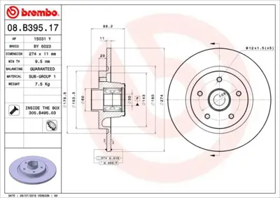 BREMBO 08.B395.17 Fren Dıskı Arka Wıth Bearıng Kıt Renault 8200381148 92196200 KF15594U 702976BS6 986479695 DF6043BS ADR164305 A4154200102 BN0297E DDF1734