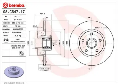 BREMBO 08.C647.17 Fren Dıskı Arka Rulmanlı Trafıc Iıı 432022742R 6101132C 1110489 BG9190RSC 8C64717 430263900 DP132 432007343R 92268903 986479D82