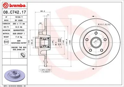 BREMBO 08.C742.17 Fren Dıskı Arka Wıth Bearıng Kıt Renault 432027306R 15103Y 470540700 6185720 8C74217 18610C BY6095 702979BS3 702979BS1 R1080PCA
