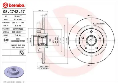 BREMBO 08.C742.27 Fren Dıskı Arka Wıth Bearıng Kıt Renault 432021878R BG9134RSC 6185920 18604C MDC2965C 8C74227 15168Y R1079PCA 432029176R 702979B54