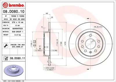 BREMBO 08.D080.11 Fren Dıskı Arka Uv Coated Opel 569122 986479C80 DDF1877 DF4938 44042 6049384 812024153 93184247 24011003391 203664