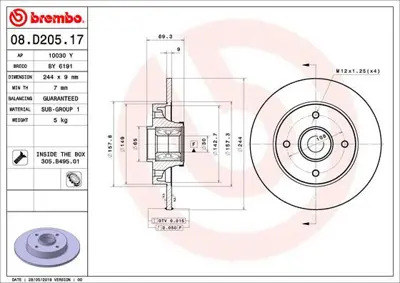BREMBO 08.D205.17 Fren Dıskı Arka Wıth Bearıng Kıt Opel 1623835180 8D20517 18643C 39181957 C1036PCA 92305403 C1036PRCA 5688 986479F74 BDS1598