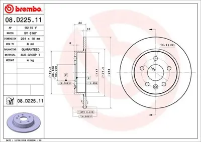 BREMBO 08.D225.11 Fren Dıskı Arka Opel Astra K 13509119 BG4761C 986479D89 NBD1917 92275303 BS7821B ADW194338 8DD355122751 13514612 DF6846