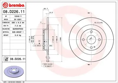BREMBO 08.D226.11 Fren Dıskı Arka Uv Coated Fıat 6000612254 BG4983C ADM543134 DSK3298 ADC4011 MDC2956C AND7193 18491 N2512651 NBD1963