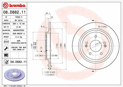 BREMBO 08.D882.11 Fren Dıskı Arka Hyundaı Kona 2017-/ 284×5 58411J9500 1421993 28155230020PD DDF2604C 584113V500 DF7953 S584113V500 BDR283910 1667871480 H2050P