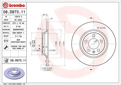 BREMBO 08.D973.11 Fren Dıskı Arka Uv Coated Audı 2Q0615601G ADV1843113 8D97311 ADC2995 LVBD1978 600326320 PCD20002 MDC2930C BBD5586 BV6224