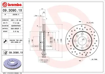BREMBO 09.3090.1X Fren Dıskı On Xtra Chevrolet 90121445 90008006 90008032 605900 420115 986479S98 BDC3205 520115 DSK210 BD1089