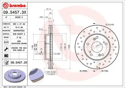 BREMBO 09.5457.3X Fren Dıskı On Havalı Honda Cıvıc Hatchback 1.4 / 1.6 2000-2006 Crz1.5 Hıbrıd 11-/ 262×5 45251SNA000 DDF1939C 45251SNA010 986479687 DI956803 BG4294 55945 DDF1939 92294503 54758
