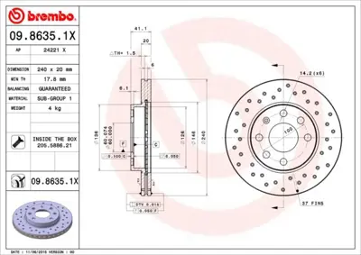 BREMBO 09.8635.1X Fren Dıskı On Xtra Opel 569021 313640 24012001741SETMS 562290J 430149420 FB843 V762 78BD90212 BAR20174 93182291