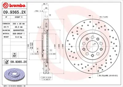 BREMBO 09.9365.2X Fren Dıskı On Xtra Alfa Romeo 24012801911 51767384 311031 BDC5533 D1673 311023 ADL144316 986479C82 DDF1455 110221752