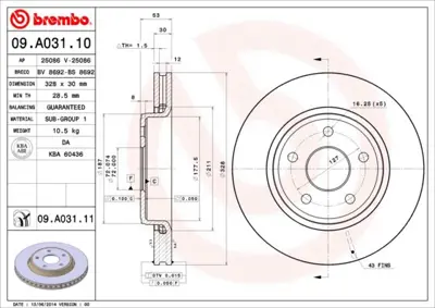 BREMBO 09.A031.11 Fren Dıskı On Uv Coated Jeep HP58952 DI061 52089269AB DSK2561 92184505 33100022 6121010 SDK6528 BV8692 17819