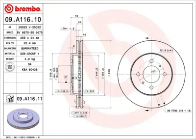 BREMBO 09.A116.11 Fren Dıskı On Havalı Mıtsubıshı Lancer 92-95 Lancer 2003-/ Proton Persona 96-/ 256×4 MB699285 986479T55 57464 9A11610 NBD975 986479R18 DSK2064 986479R51 ADC0353V BR5725C