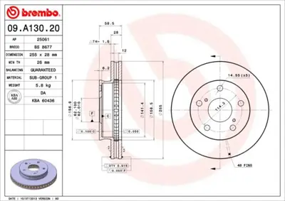 BREMBO 09.A130.20 Fren Dıskı On Standard Toyota 435120K010 BD1386 T2070V 1421626 6142210 DF1386 18152045137 MDC2303 58152045137 17957