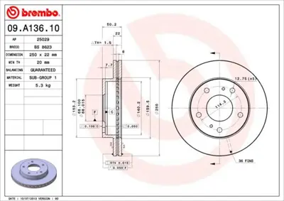 BREMBO 09.A136.10 Fren Dıskı On Nıssan Vanetta Serena 1991-/ 250×5 402069C000 V887 9A13610 679710 N2816V 142796 DF788 J3301068 92129800 DDF13561