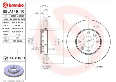 BREMBO 09.A149.11 Fren Dıskı On Havalı Kıa Carens 2002-2010 280×4 0K2FA33251