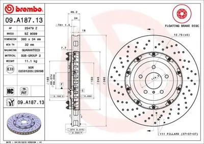 BREMBO 09.A187.13 Fren Dıskı On Nıssan Gtr 2007-/ 380×5 40206JF20A BZ9089 25479Z 360406129203 9A18713 N3301103 ADN143145C ADN143144C