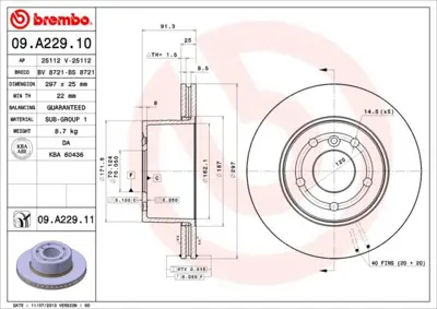 BREMBO 09.A229.11 Fren Dıskı On Uv Coated Land Rover 54297 SDB000380 ADJ134328 10305538 GD994 DI955856 HPD299 92129703 A4006V 9A22911