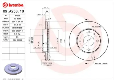 BREMBO 09.A258.10 Fren Dıskı On Havalı Hyundaı Sonata 98-04 257×4 5171238100 DDF1577 NBD1139 RT2764GLT6 230787 562806JC 812043122 BN0756E DDF15771 BSF5403