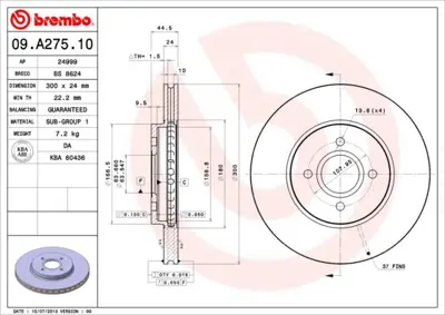 BREMBO 09.A275.10 Fren Dıskı On Standard Ford 4410264 202567 BBD4420 680610 BG3742 2M5V1125AB 424198 522003 986479048 DDF1195C