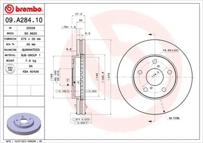BREMBO 09.A284.10 Fren Dıskı On Standard Toyota 4351217080 ADC0150V DI217 TOY164 53655 BDC5190 VBE109 DDF748 BDC5085 J3302017