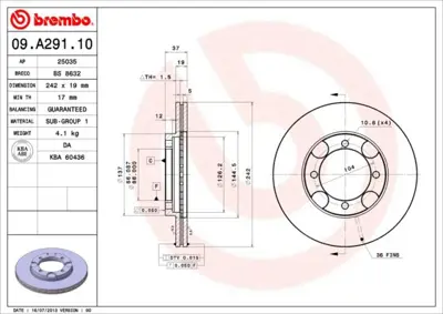 BREMBO 09.A291.10 Fren Dıskı On Havalı Hyundaı Excel Accent 1.3 1.5 1994-2000 242×4 5171228000 92130700 DF4157 BS6052 60203408VSX K001558 BS7704C PBD4157 BS7704 5171228000D