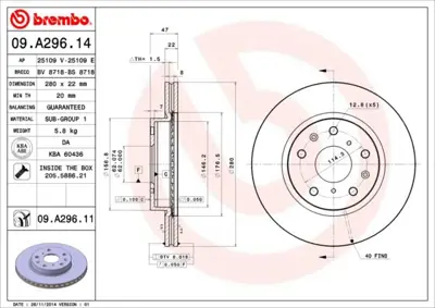 BREMBO 09.A296.11 Fren Dıskı On Uv Coated Fıat 205218 5531179J02 DSK2506 BDC5576 5531179J01 562534CH 92222100 54566 986479C40 D1768