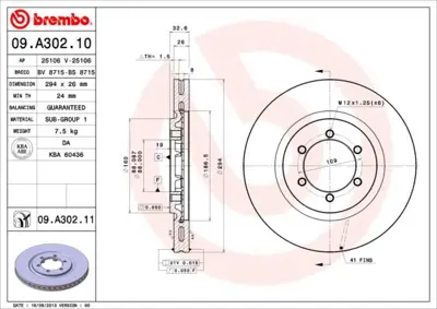 BREMBO 09.A302.11 Fren Dıskı On Daewoo Ssangyong Rexton 2002-/ 294×6 4144108030 1421148 17716 92162600 17716OE 6100010 HPD1148 8DD355114121 BDC5559 231033C