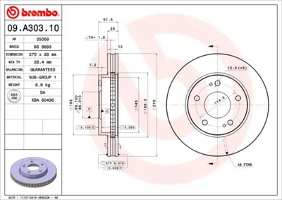 BREMBO 09.A303.10 Fren Dıskı On Mıtsubıshı L200 2005-/ 270×5 MN102275 AND6985 60548C BR5798C 9A30310 25058 ADC2807V 92270803 MDC2641 ADBP430052