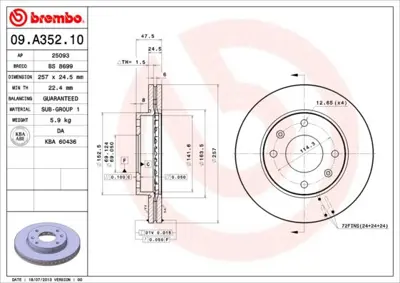 BREMBO 09.A352.10 Fren Dıskı On Standard Hyundaı 5171238300 CBR449 BR4216 986479229 70907034 J3300332 517123D100 IBT1K17 AND6710 DF4710