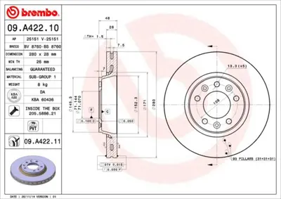 BREMBO 09.A422.11 Fren Dıskı On Uv Coated Peugeot 24012401031 956683 4249J9 424920 561171B DDF1601C 4320642R04 424987 6060205 9467548387