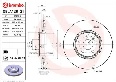 BREMBO 09.A426.21 Fren Dıskı On Uv Coated Volvo 31400764 1434812 30769061 562643BC 6G9N2C375DB 812027141 C3G044ABE BDR246920 DF1393 986479620