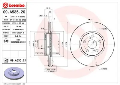 BREMBO 09.A535.21 Fren Dıskı On Uv Coated Toyota 986479767 4351212710 435120D110 4351202240 19184293 25513 4351202300 DDF1865C BG4277 DF6234