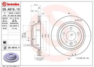 BREMBO 09.A616.11 Arka Fren Dıskı-314x22 5×120 Vw Touareg 03-10  Transporter 03-08 7L6615601E DDF16981 297243 9A61610 7L6615601G 812029176C 24012202151 197243 V2006V DDF1698